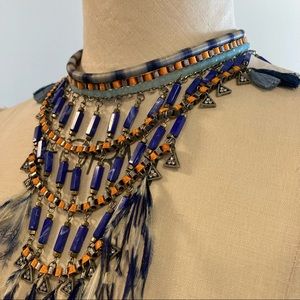 Zara STATEMENT choker necklace w feathers, beads and faux stones!